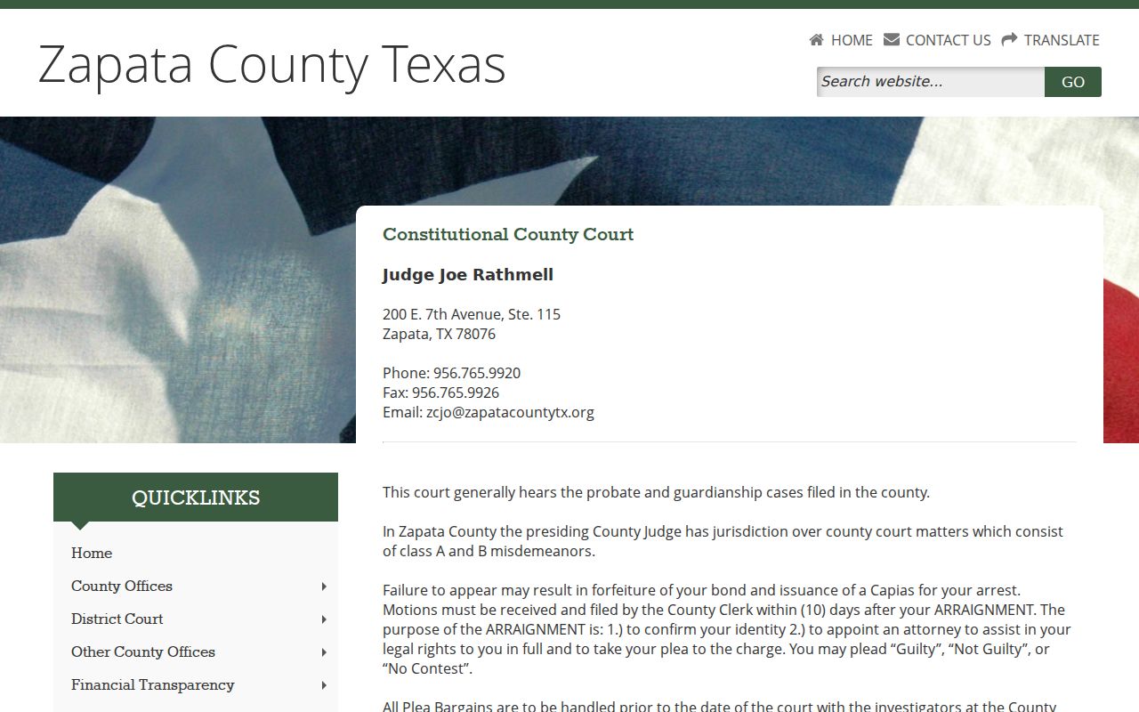Zapata County bench warrant records: County Court capias and arraignment information