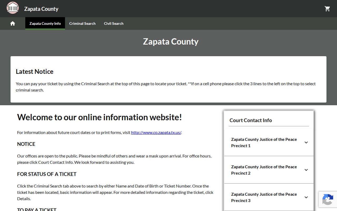 Zapata County warrant search: GovRec JP criminal citation search landing page