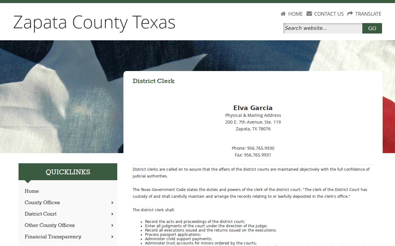 Zapata County arrest warrant records: District Clerk contact and district record duties