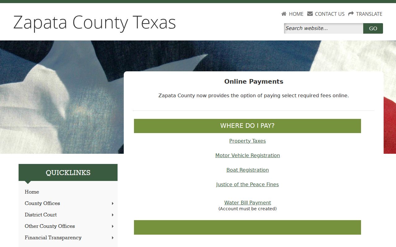 Zapata County warrant records: Justice of the Peace fines on the county payment page
