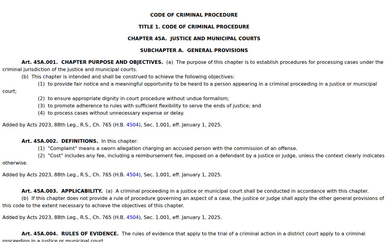 Zapata County bench warrant records: Chapter 45A failure-to-appear and capias provisions