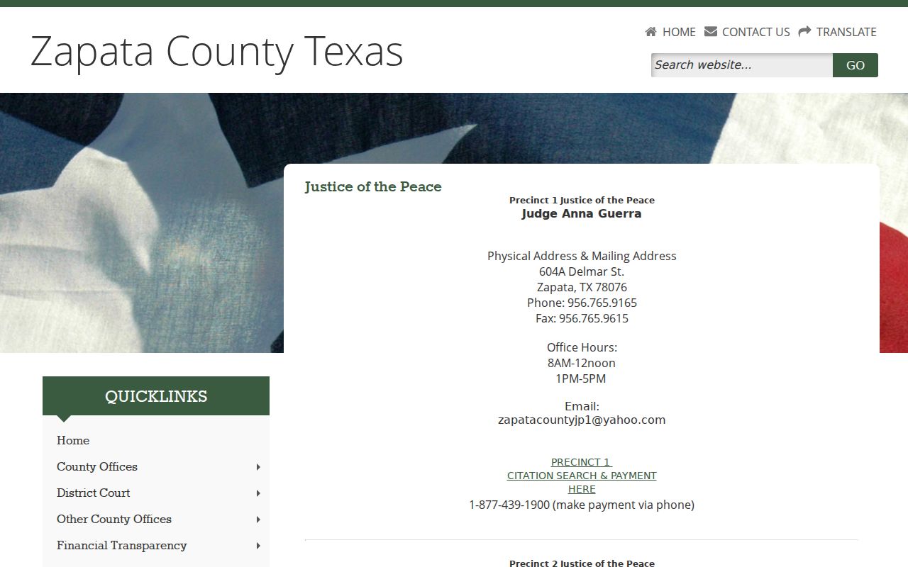Zapata County traffic warrant records: four JP precinct contacts and citation search links