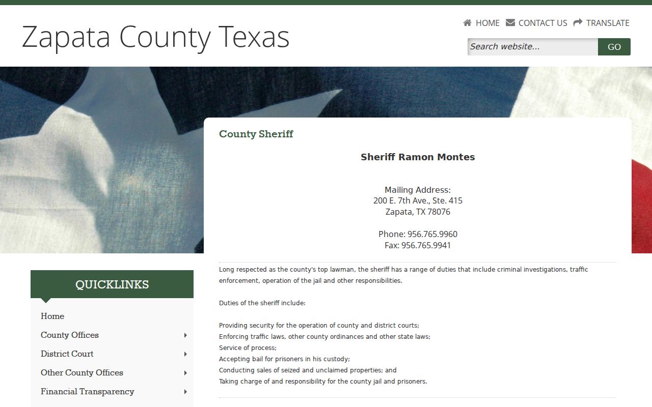 Zapata County warrant records: sheriff contact and published service duties
